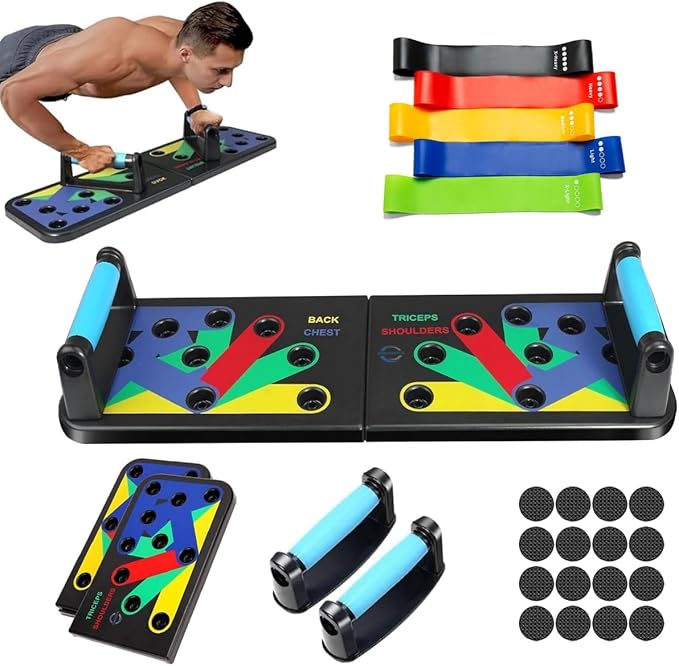 Adjustable Push up Board for Men | 20-in-1 Multi-Functional Foldable Fitness Board | Strength Training Board for Women and Men | Home Gym Workout Equipment with 5 Resistance bands