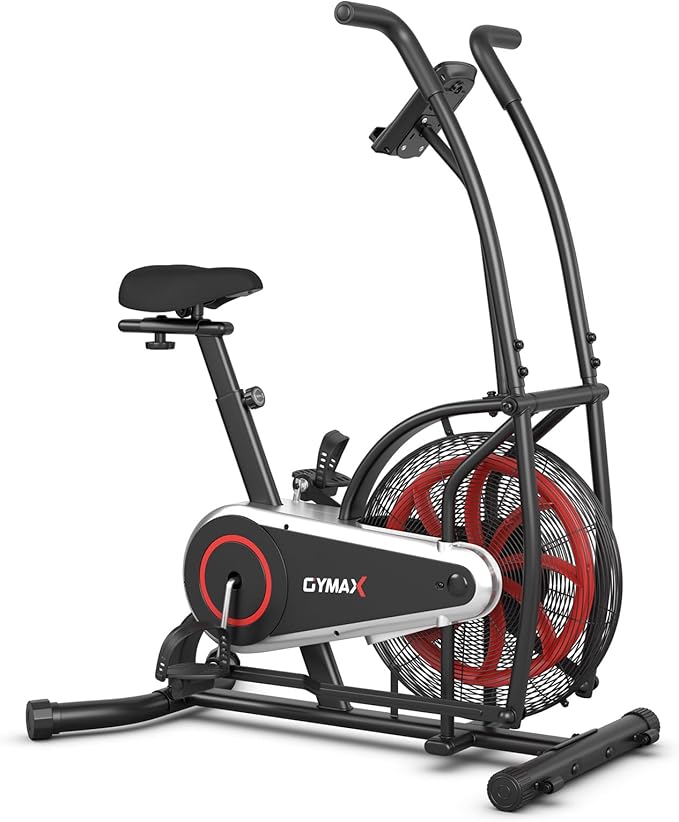 HOMGX Air-Resistance Exercise Bike, Cycling Exercise Machine with Dual Action Handlebars, Real-Time Monitor and Adjustable Seat for Leg/Arm/Full Body Workout, Fan Bike for Home Training