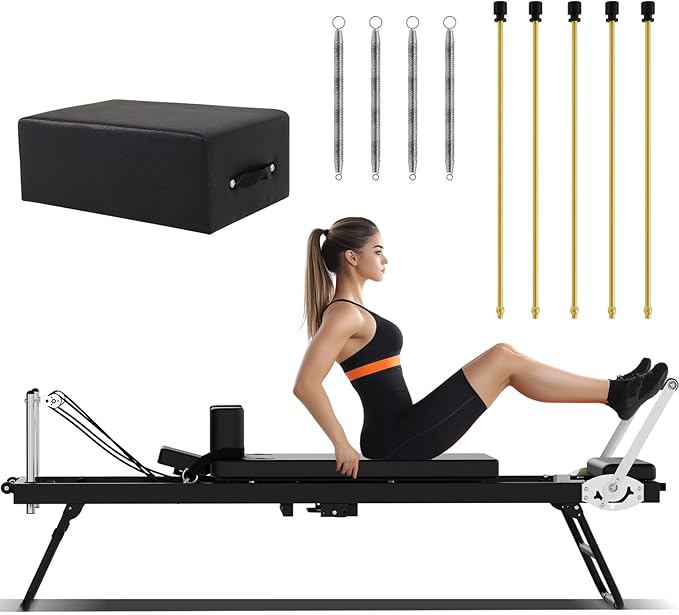 Foldable Pilates Reformer Set with Sitting Box - Portable Home Pilates Machine for Full-Body Workout, Adjustable Resistance, Compact Design, Includes Pilates Sitting Box for Enhanced Exercises