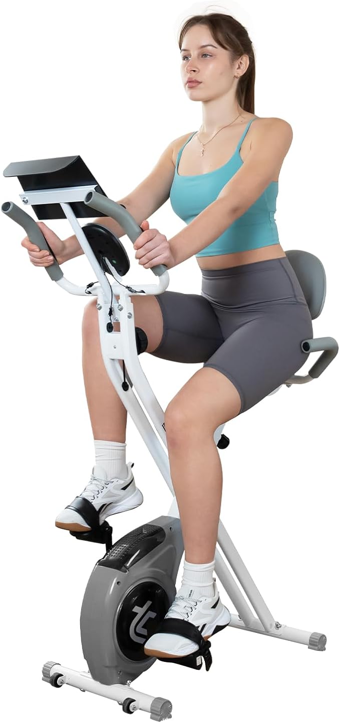 TOUSAINS Folding Exercise Bike - 8-Level Magnetic Stationary Bike with Pulse Rate, Large Tablet Holder & X-Bike Design, Compact Indoor Workout Bike for Home Gym, Seniors & Knee Recovery, 265lbs Weight Capacity
