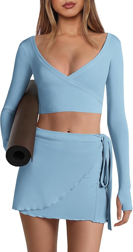Nirovien Womens 2 Piece Workout Sets Sexy Pilates Outfits Athletic Gym Yoga Sets Ballet Wrap Top and Skirt