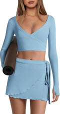 Nirovien Womens 2 Piece Workout Sets Sexy Pilates Outfits Athletic Gym Yoga Sets Ballet Wrap Top and Skirt