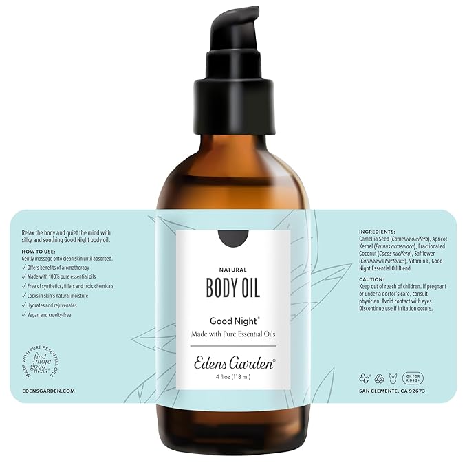 Edens Garden Good Night Bath & Body Oil Sleep Blend – Pure Essential Oils & Vitamin E for Moisturizing Dry Skin – Calming Aromatherapy After-Shower Scented Oil for Women & Men, 4 fl oz (118 ml)