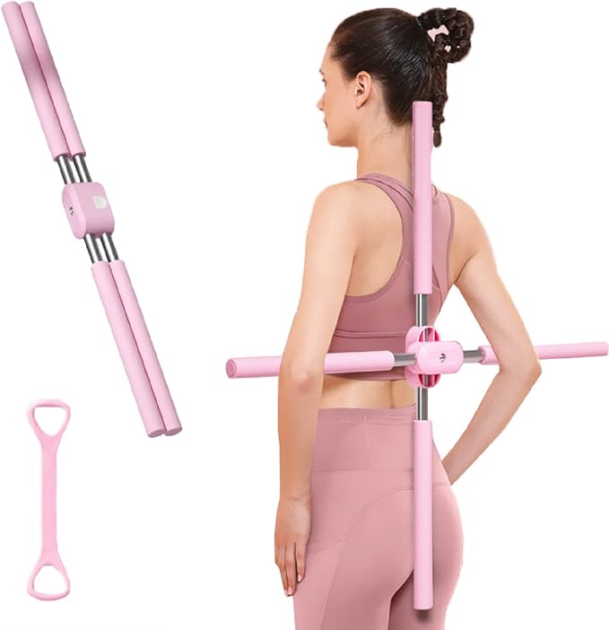 Posture Corrector, Yoga Sticks Stretching Tool, Humpback Correction Stick Yoga Open Back, Retractable Design Posture Trainer Corrector Fitness for Adult and Child,Pink