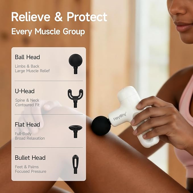 Super Mini Massage Gun Deep Tissue, Handheld Muscle Massager with 4 Heads, Percussion Travel Size Massager Gun for Men & Women Back Pain Relief, Quiet for Home, Gym, Office, White