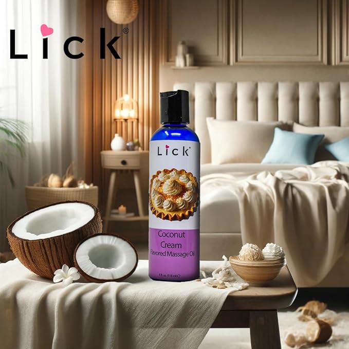 Lick Coconut Cream Indulgence Flavored Massage Oil – Vegan-Friendly, Non-Sticky, Tropical Scent, 4 oz