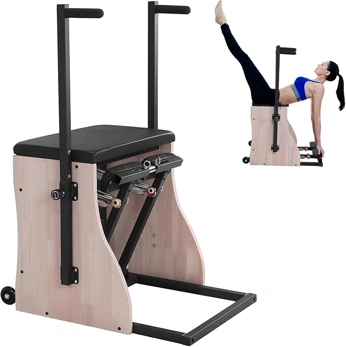 Generic Oak Wood Pilates Chair Pilates Combo Chair with Resistance Bands and Adjustable Springs Handles for Home Use Gym Workout Rehabilitation