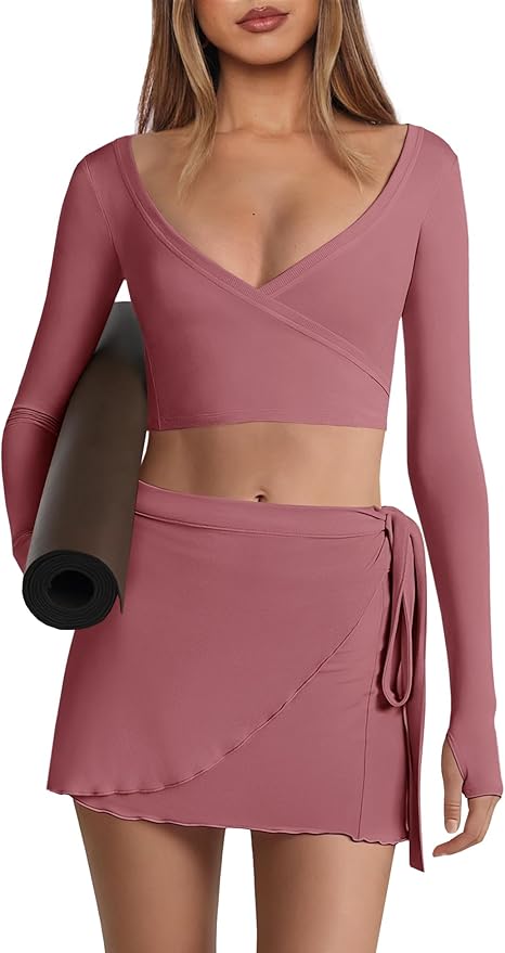 Nirovien Womens 2 Piece Workout Sets Sexy Pilates Outfits Athletic Gym Yoga Sets Ballet Wrap Top and Skirt