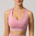 Yoga Set Seamless Women Long Sleeve Blouses Top Gym Sport Bra High Waist Tight Leggings Fitness Suit Shorts Sets (Color : Pink Bra, Size : Medium)
