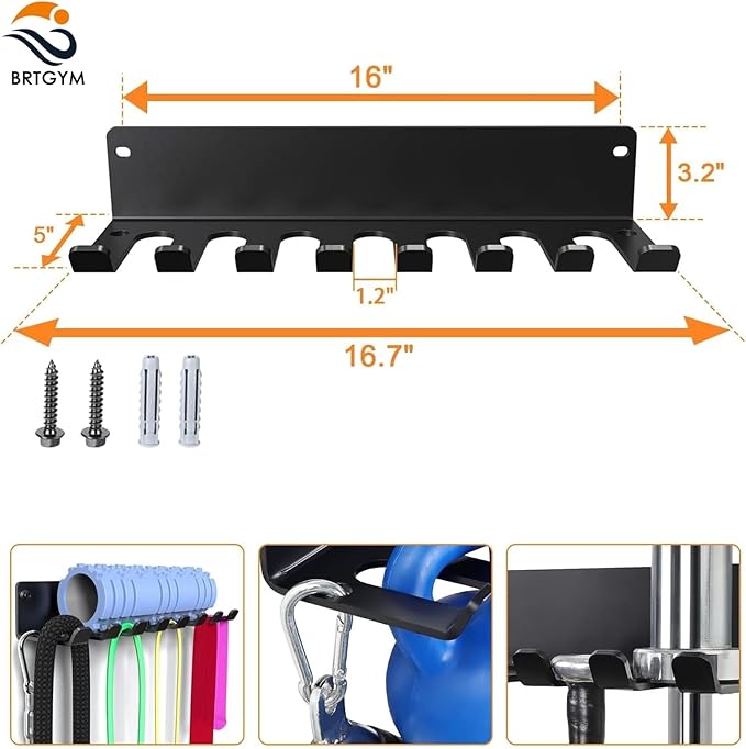 Gym Rack Organizer, Home Gym Accessories Hanger, Wall Mount Hooks for Olympic Barbells, Row Handles, Bats or Tools (E-Book Instruction Included)