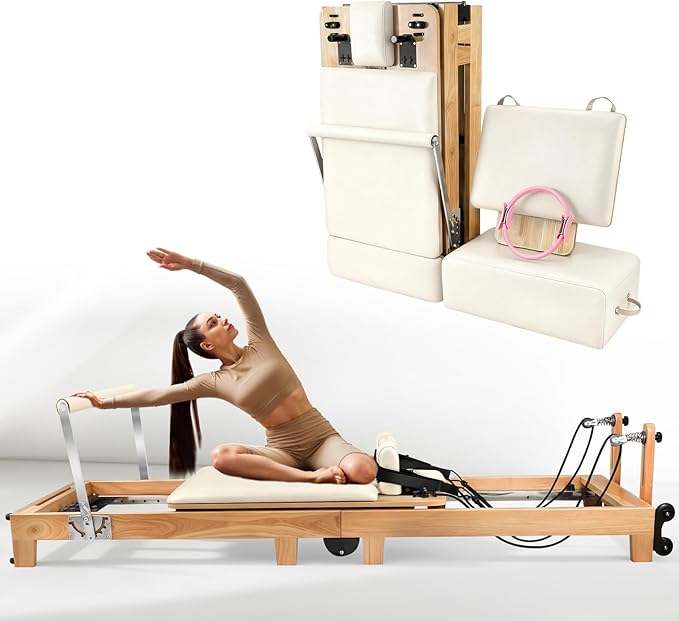 Pilates Reformer Machine, 95" Foldable Studio Grade Pilates Equipment with Adjustable Reformer Heights for Gym, Studio and Home, Oak Wood Pilates Reformer with Jump Board