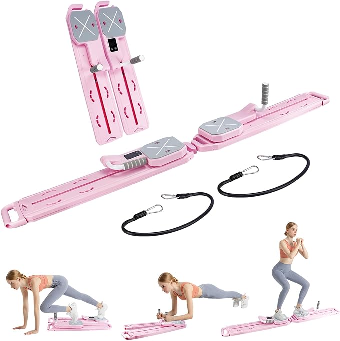 Pilates Reformer Machine Slider Multifunctional Board Fitness Floor Pilates Kit Portable Yoga Foldable Mini Table Set for Home Workout Women Pink Purple