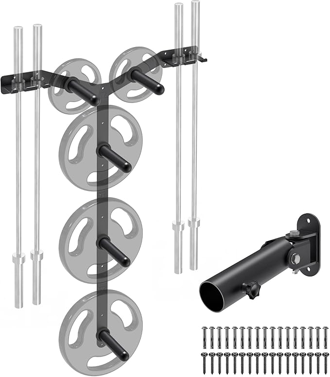 Wall Mounted Weight Plate Rack, Heavy Duty Olympic Barbell Holder & T Bar Row Landmine Attachment, 5 Pegs & 4 Barbell Storage, Space-Saving Home Gym Organizer