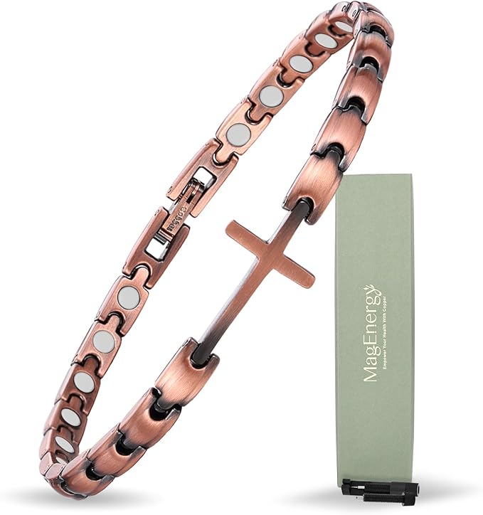 MagEnergy Copper Magnetic Bracelet for Women, Cross Copper Bracelet with 3500 Gauss Magnets, Adjustable, Christian Jewelry Gift