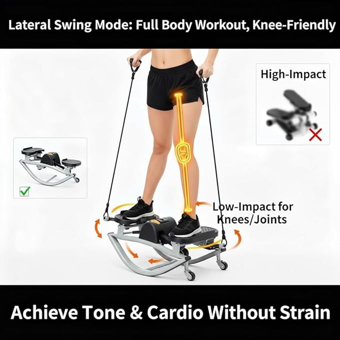 Lateral Rocking Fitness Stepper Home Workout Machine, Portable Compact Rocking Stepper Side to Side with LCD and Resistance Bands, Low-Impact Lateral Steppers for Knees and Joints