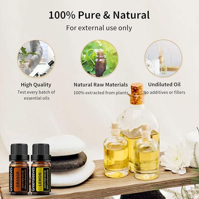 GREENSLEEVES Lemon Orange Essential Oil Set, 2 x 10ml Pure Plant-Based Fragrance Oil for Aromatherapy, Essential Oils for Diffuser, Massage, Bath Bomb, Scented Candle Soap Making