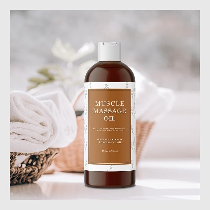 Sore Muscle Massage Oil for Body - Relaxing Therapy With Lavender and Rosemary Oils for Muscle Relief - Gentle Warming for Pro or Home Use (16oz)