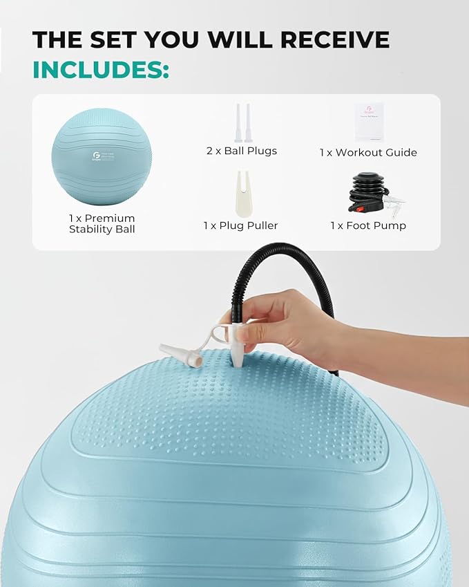 Gruper Yoga Ball, Extra Thick Exercise Ball for Workout Pregnancy Stability - 4 Sizes Anti Burst Balance Ball for Yoga, Pilates, Fitness, Birthing, Physical Therapy - Includes Pump