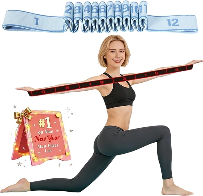 Fitness Resistance Band for Stretching and Yoga, Numbered Elastic Exercise Bands with Handles, Adjustable 8/10/12-Loop Design for Full Body Stretching and Pilates