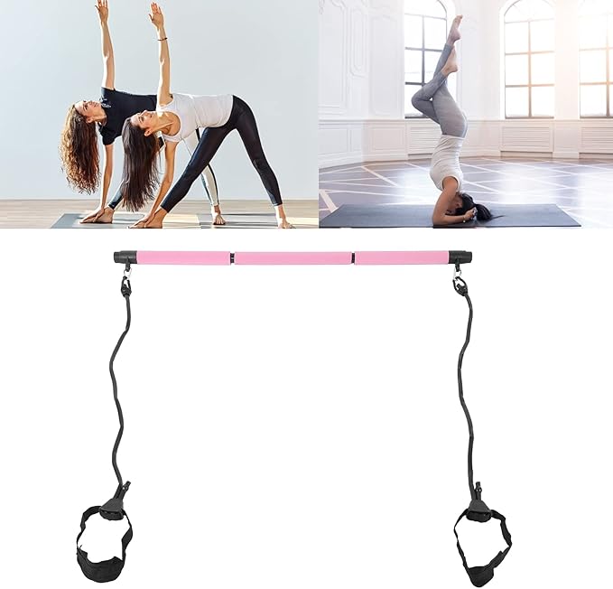 3 Sections Adjustable Pilates Bar, Portable Pilates Workout Stick with Tension Straps for Full Body Training, Detachable Iron Fitness Rod for Home Gym Yoga and Travel