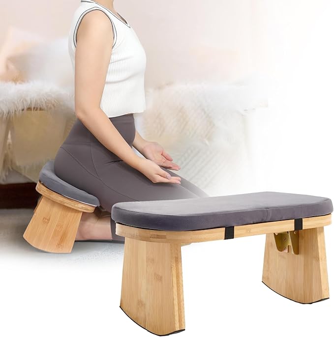 Meditation Bench, Folding Meditation Chair with Cushion, Bamboo Meditation Stool with Anti-Slip Mat, Adjustable Yoga Stool with Curved Bottom Edges, Prayer Bench