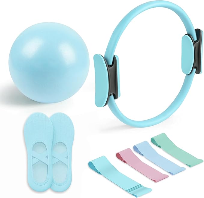 Pilates Essential Kit - Portable Fitness Equipment - with Toning Pilates Ring & Long Resistance Bands & Loop Bands & Soft Ball & Grip Socks