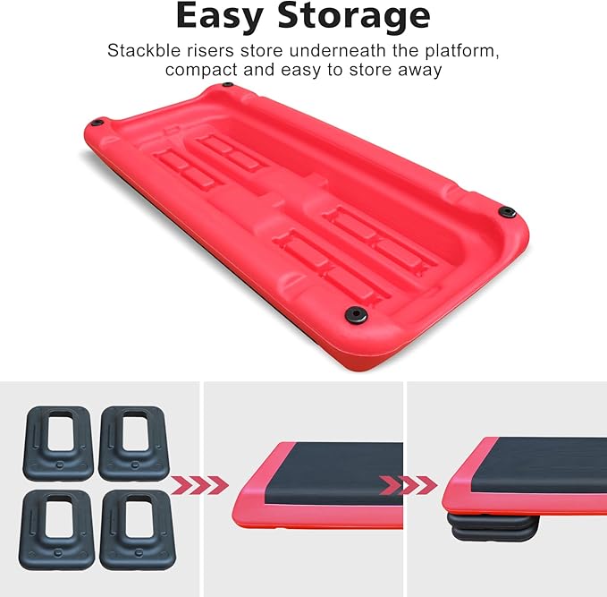 28.5'' Exercise Aerobic Step Platform, 4-6-8inAdjustable Fitness Stepper Workout with 4 Stackable Risers, Aerobics Stepper Workout Stepper for Home Gym Cardio Strength & Training (Red & Gray)