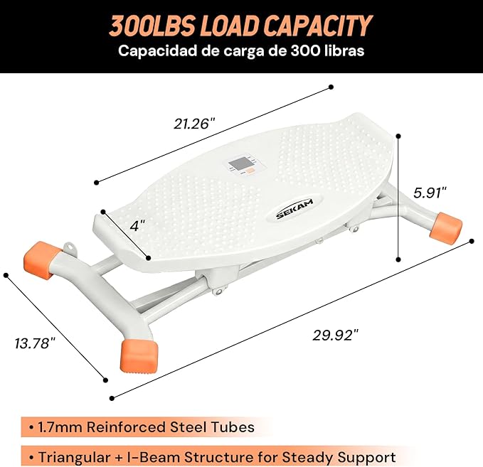 SEKAM Ski Machine Trainer, Indoor Ski Simulator with Resistance Bands & Balance Board - Low Impact Stepper Exercise Equipment for Home Gym Full Body Workout, 300LBS Capacity (Orange)