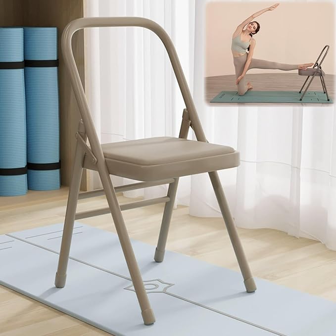 Folding Yoga Chair for Adults Pilates Chair Space-Saving Yoga AuxiliaryChair Balance Handstand Training Tool Premium YogaSupport for Home Workouts and Stretching(Camel)
