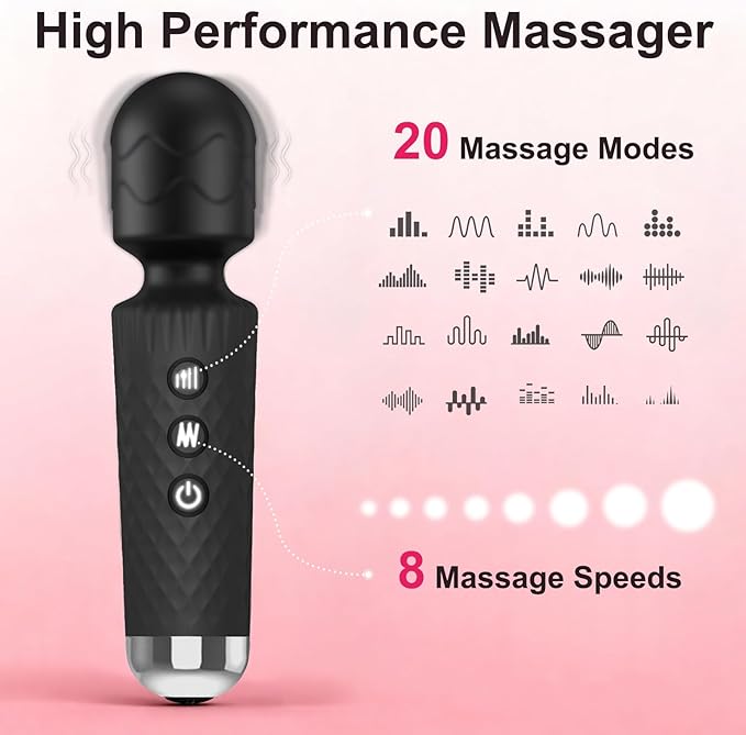 Upgraded Handheld Rose Black Mini Massager Tool Device, Premium Silicone Relaxation Massager Rechargeable to Relieve Whole Body Muscle Tension, 20 Modes 8 Speeds