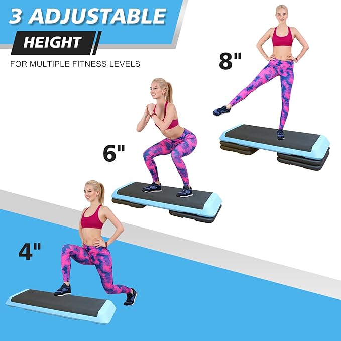 43''Inch Adjustable Aerobic Exercise Step Platform with 4 Stackable Risers - Home Gym Fitness Stepper for Cardio, Strength Training