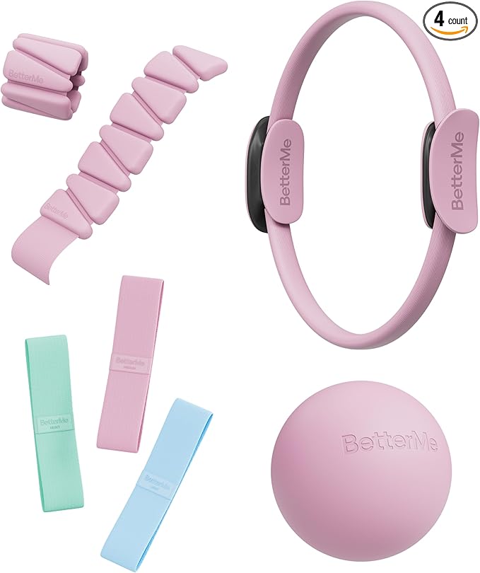 BetterMe Bubble Butt Kit – Pilates Ring, Weight Bands, Soft Ball & Loop Bands – Glute Training Pilates Kit for Women – Home Workout Pilates Equipment Set