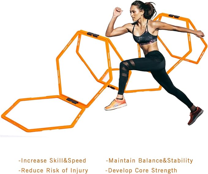 Hex Agility Rings Set of 6/12 Rings for Speed & Agility Footwork Training, Hexagon Ladder with Fitness Equipment Sport Workout Home Gym, Kids and Adults (Orange)
