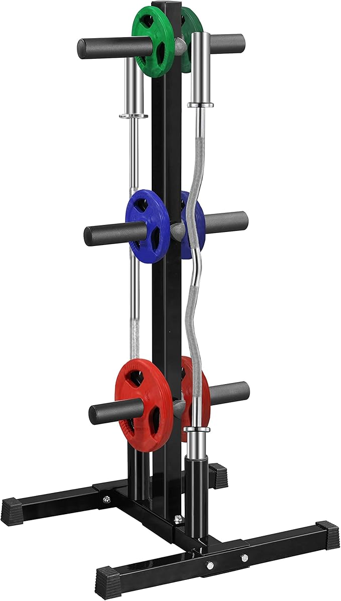 Topeakmart Tree Olympic Plate Rack Weight Bumper Plate Holder with 2 Bar Holders Black