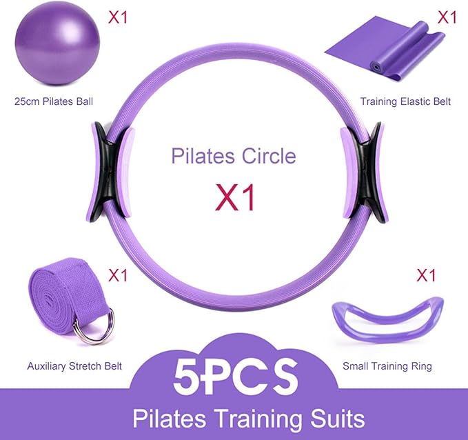 Pilates Ring, 15" Durable 5 Pack Pilates Circle Ring with Yoga Strap,Mini Ball,Padded Handles Magic Circle,Resistance Bands,Pilates Circle Ring Equipment for Toning Inner Thighs,Core,Arms,Legs