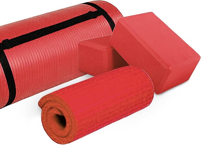 BalanceFrom 71x24 Inches Yoga Mat with Knee Pad and Optional Blocks – Extra 1-Inch Thick Non-Slip Foam with Anti-Tear Surface and Carrying Strap for Home, Studio, or Gym Workouts
