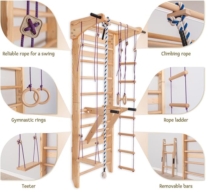 Swedish Ladder Wall Bars with Pull-Up Bar & Dip Station – Wooden Stall Bars, Multifunctional Home Gym Wall Ladder for Strength Training & Stretching