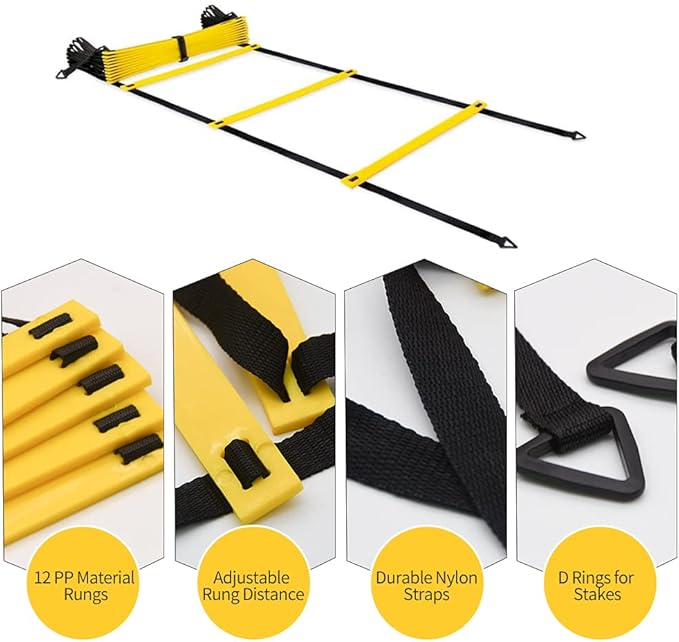 12 Rungs Agility Ladder Set, Training Ladder with Steel Stakes and Carry Bag for Soccer, Speed Fitness Feet Training