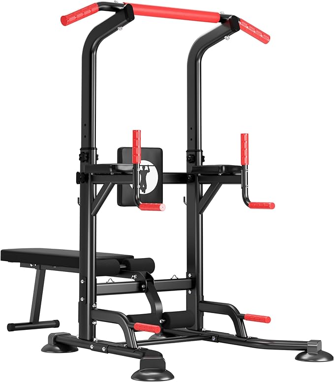 SogesHome Multi-Function Power Tower Pull Up Bar Dip Station, Home Gym Adjustable Height Fitness Workout Equipment with Foldable Dumbbell Stool, 330LB Capacity for Push-Ups, Sit-Ups, Strength Training