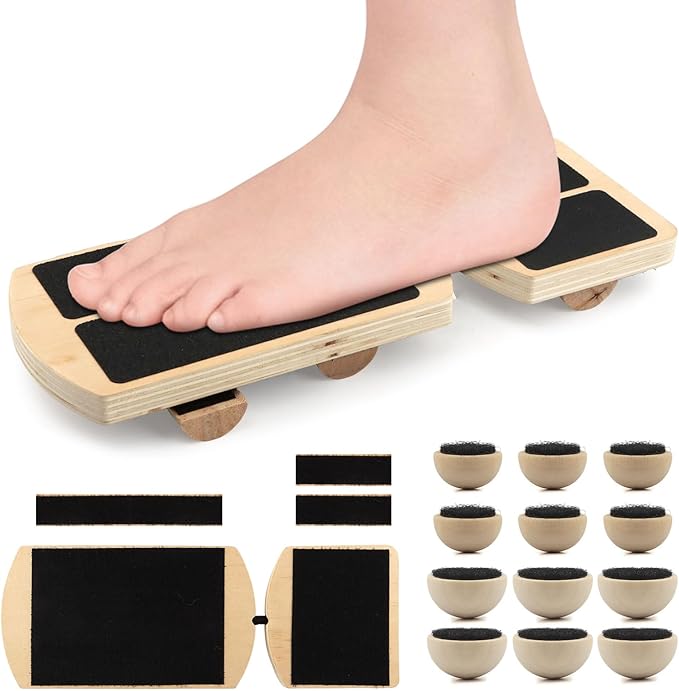 Ankle Balance Board Foot Strengthener Trainer with 12pcs Balls - 300lbs Max Capacity, 18-30° Tilt Adjustment, Wooden Non-Slip Wobble Board for Ankle & Core Stability Training
