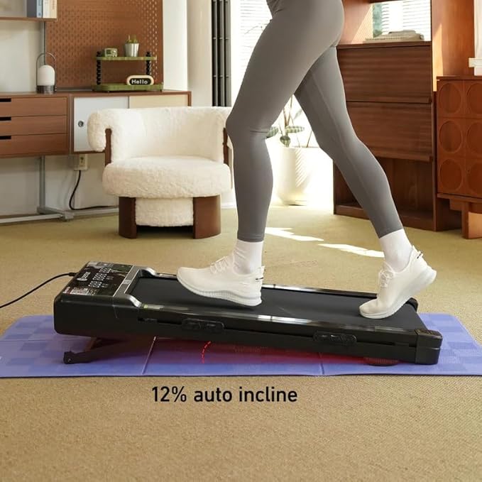 DeerRun Walking Pad Treadmill with Incline, 12% Auto Incline Under Desk Treadmill, 3.0 HP, 300 lb Capacity, Portable Treadmill for Home Office, Remote & App Control