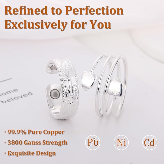 Magnetic Copper Rings Set for Women, Elegant Lymphatic Jewelry Gifts, Vintage Adjustable Vine Design