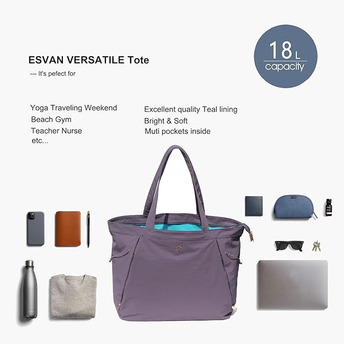 ESVAN Yoga Tote Bag for Women Shoulder Bags Drawstring for Office Workout Travel Carryall Pilates Gym and Beach