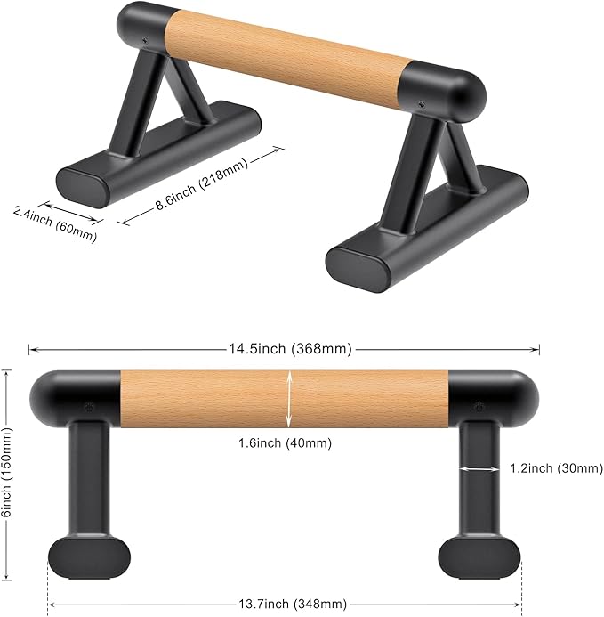 SELEWARE Wood push up bars Parallettes bars Anti-slip Handstand Bars for Calisthenics, Fitness, Floor workouts Solid Wood with Sturdy Metal Bracket, Support 600 lbs