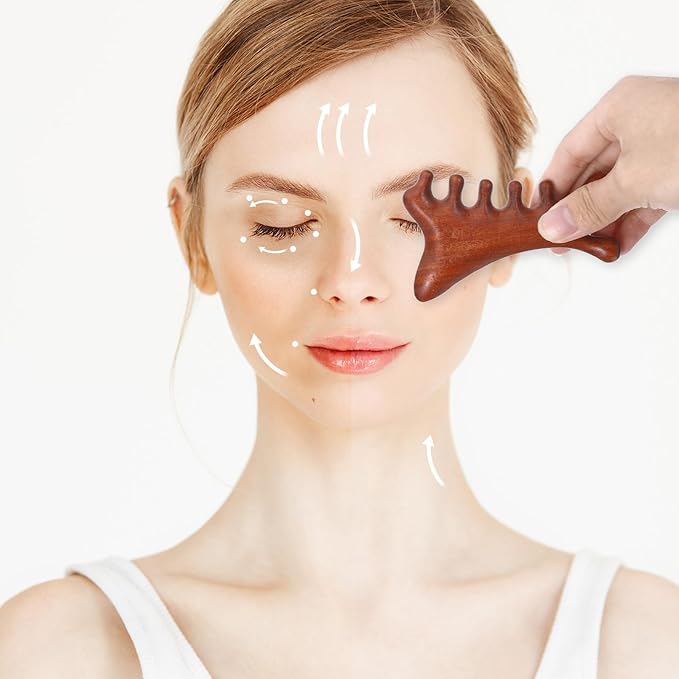 4 in 1 Natural Sandalwood Gua Sha Massage Tool, Face Eye Neck & Body Meridian Therapy Tool for Relaxation Lymphatic Drainage Massage Comb for Home Office Travel
