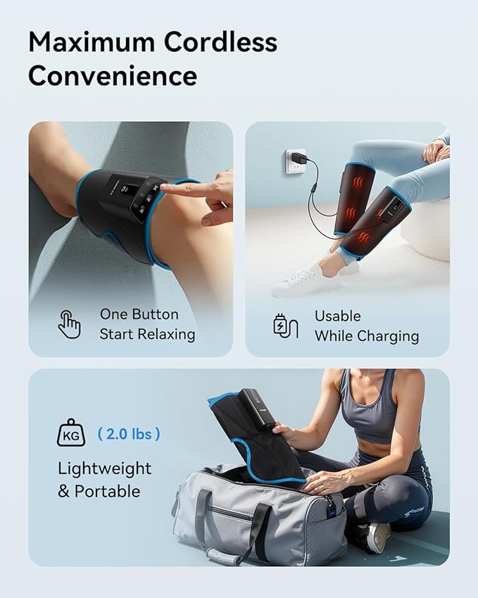 FIT KING Cordless Calf Massager with Heat & Compression – Rechargeable Leg Massager for Circulation, Edema, RLS & Pain Relief, 3 Heat Levels, 3 Modes & Intensities, Portable, Mom, Dad, Athlete Gift