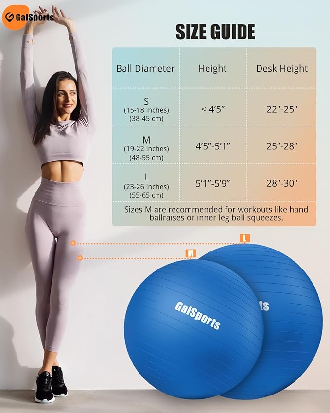 GalSports Anti-Burst Slip Resistant Stability Ball - Swiss Ball for Home Gym & Physical Therapy