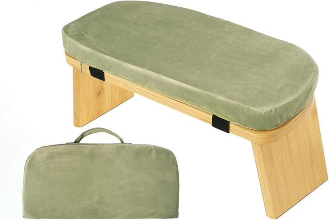 Natural Beech Wood Yoga Bench, Ergonomic Design for Kneeling, Meditation, Pilates, FSC Certified (Green)