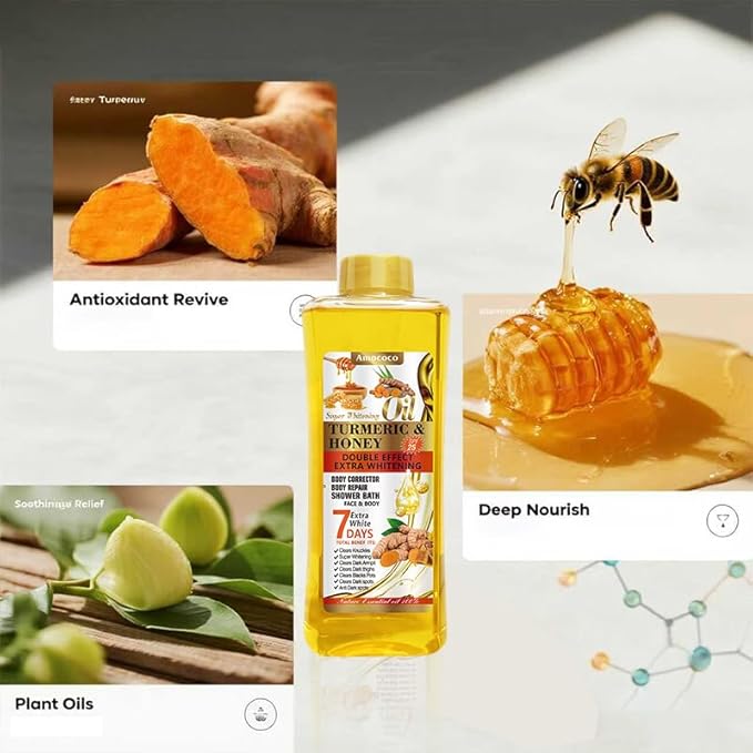 Turmeric & Honey Body Oil, Deep Moisturizing Treatment with Sweet Almond Oil, Vitamin E, and Collagen (8.45 fl oz)