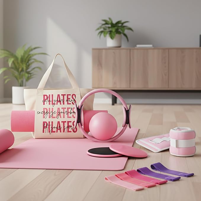 Pilates Essentials Kit for Women with Pilates Ring and Ball Set, Resistance Band Set, Yoga Mat Bag, Ankle Weights, Pilates Workout Sliders Disc, Yoga Socks, Pilates Equipment for Home Workouts